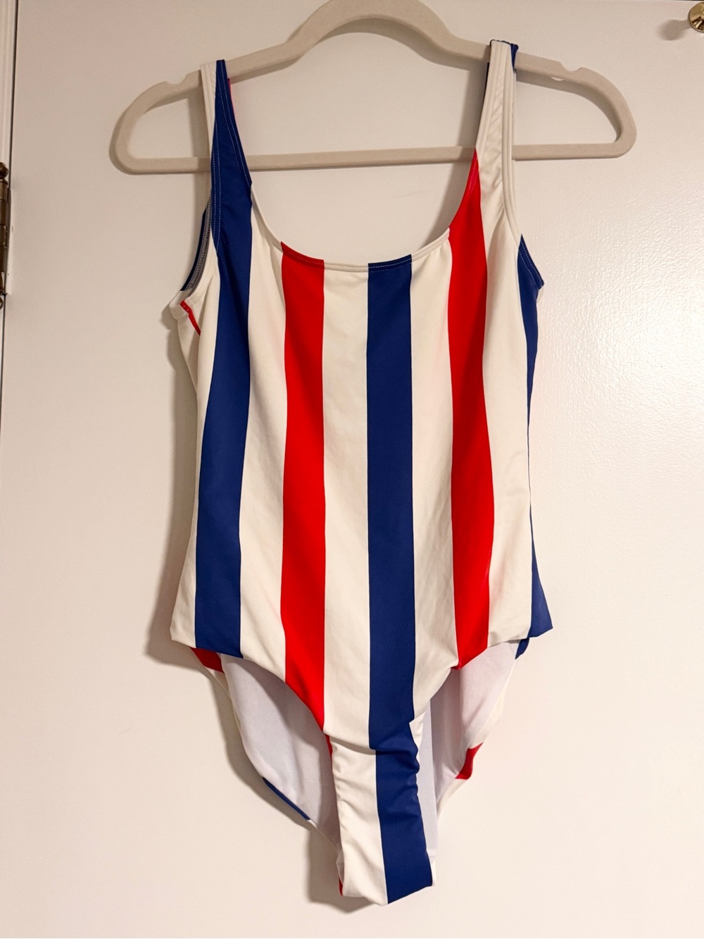 ONIA Red, White & Blue Striped One-Piece. NO SIZE listed anywhere on suit.